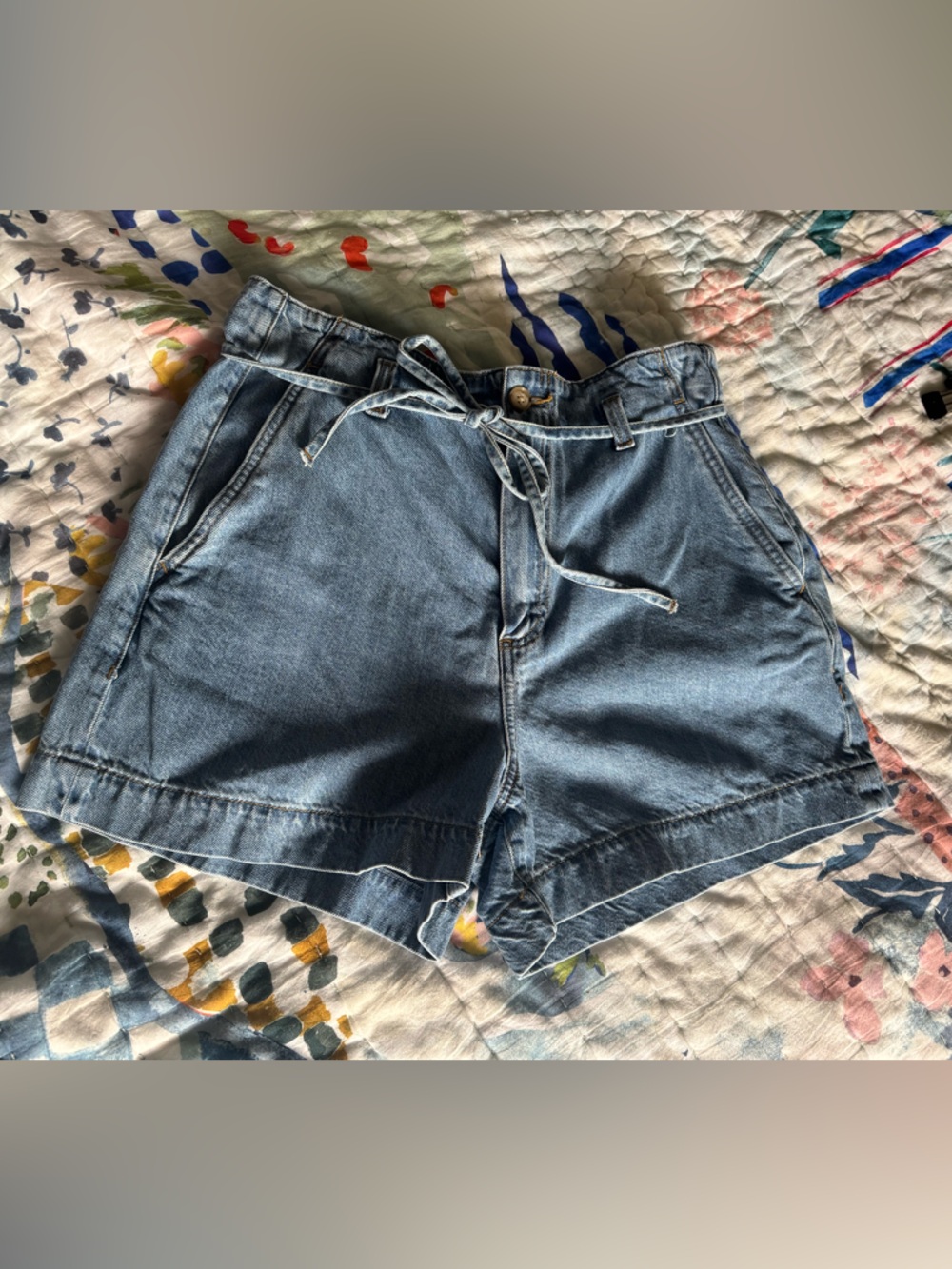 PAIGE Light Blue Washed Denim Shorts with Tie Waist